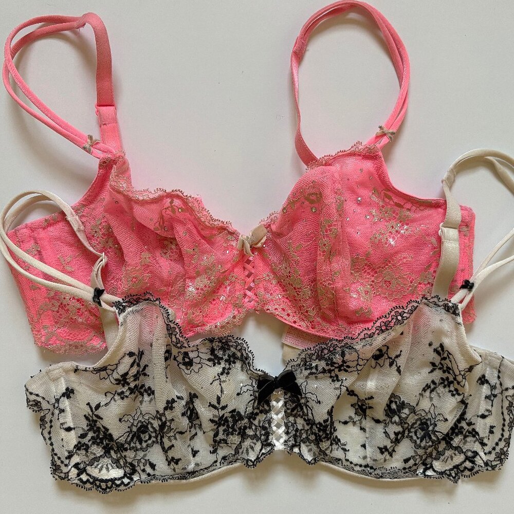Victoria's Secret Very sexy unlined pink and black lace bra duo 34D